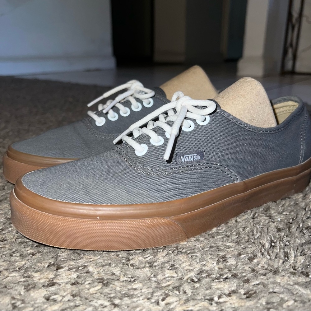 NWOT Gray Authentic Vans with Brown Gum Sole - Lace up, Size 8.5 Women’s